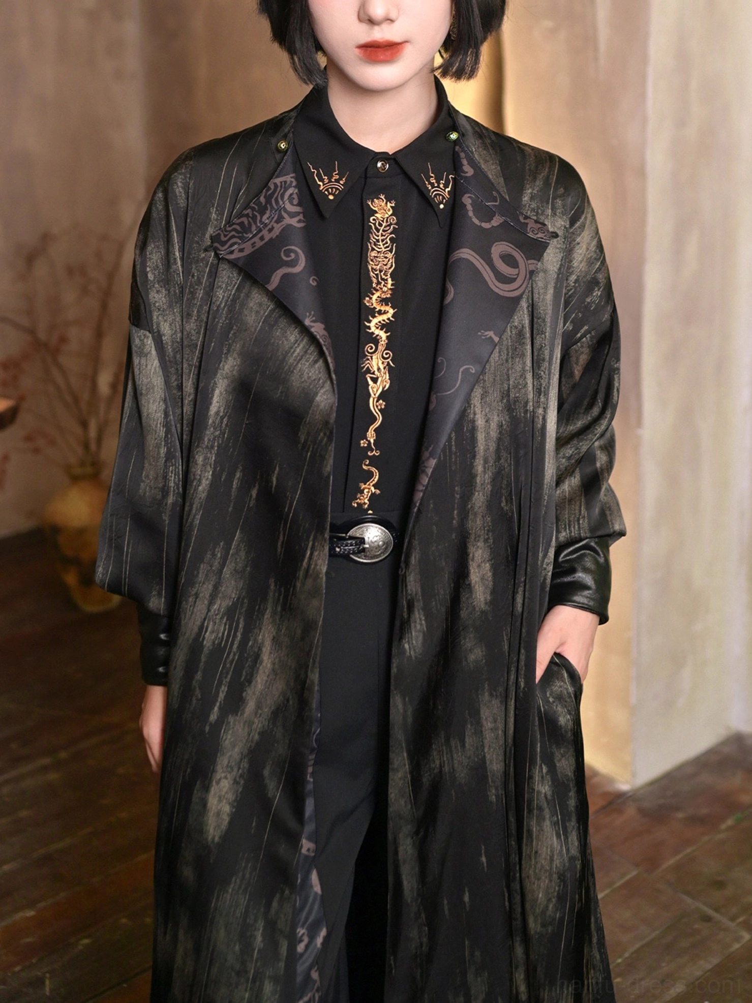 Black Five Poisons modern Hanfu top with gold dragon embroidery styled beneath a dark gradient Chinese-inspired coat and silver buckle belt