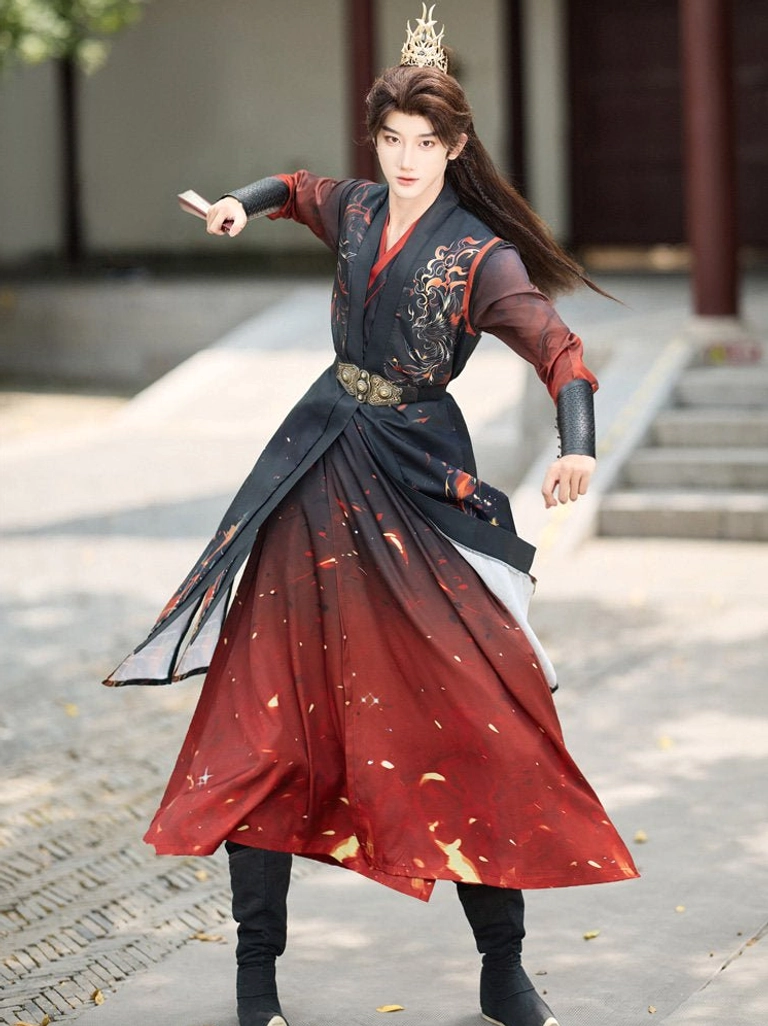 Wine red and dark navy male Wuxia Hanfu full set side view with flowing robe skirt and flame inspired print