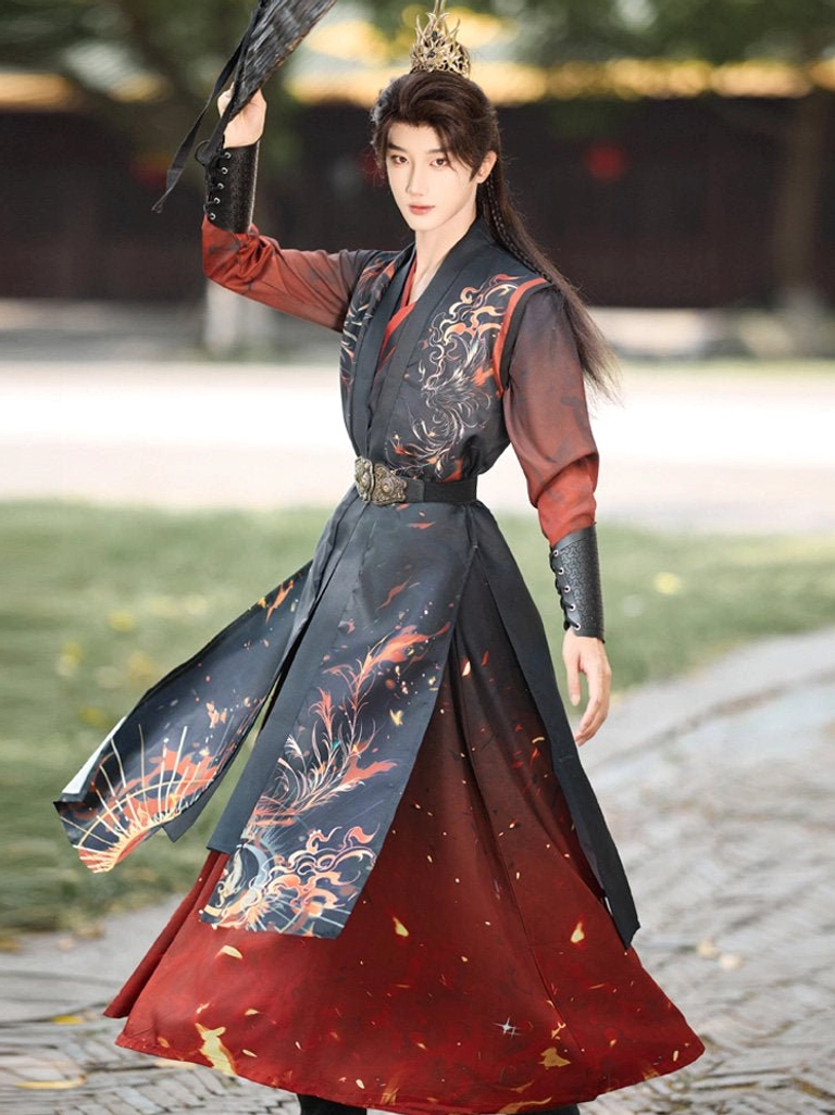 Chinese fantasy warrior Hanfu for men showing layered side drape, dark vest and detailed phoenix flame print