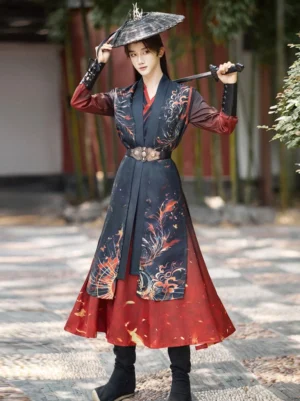 Men’s Chinese fantasy Wuxia Hanfu costume with flame print, bamboo hat and sword styling in a traditional courtyard