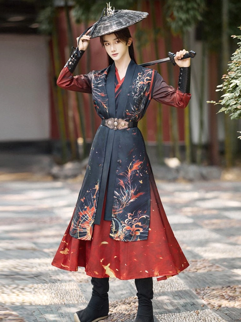 Men’s Chinese fantasy Wuxia Hanfu costume with flame print, bamboo hat and sword styling in a traditional courtyard