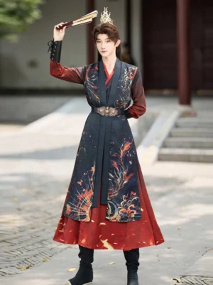 Flame phoenix Wuxia Hanfu set for men in navy and wine red shown from the front in a traditional Chinese courtyard