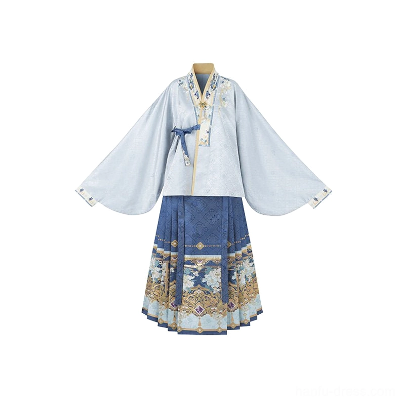 Flat lay of a complete Ming Dynasty Hanfu set with pale blue wide-sleeve cross-collar top, embroidered collar trim, dark blue skirt, and ornate gold hem