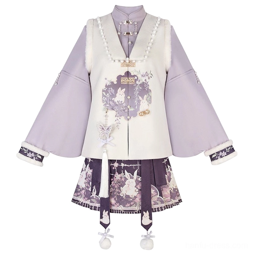 Flat lay display of the complete modern Hanfu set including lavender pipa sleeve top, white rabbit vest, and purple short mamianqun horse face skirt