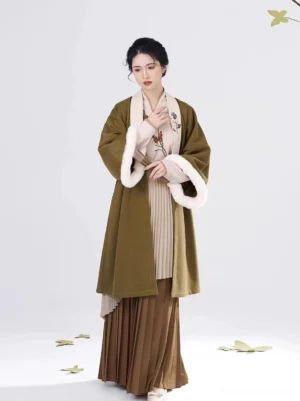 Full Floating Butterfly Song Dynasty Hanfu set with fastened olive green jacket, floral embroidered collar, and traditional Chinese hairstyle