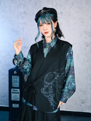 Floating Electric Jellyfish asymmetrical modern Hanfu vest front three-quarter view layered over blue ocean print shirt
