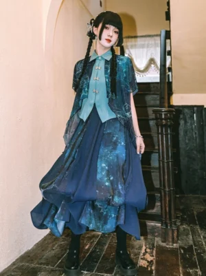 Floating Electric Jellyfish modern hanfu bubble skirt styled in a full new Chinese style outfit with luminous navy and cyan galaxy print