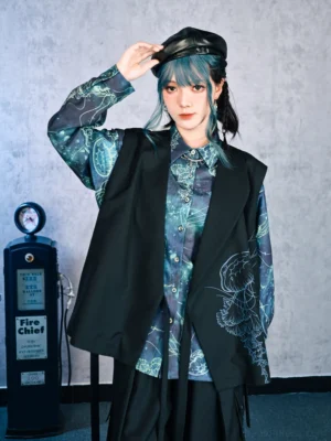 Black Modern Hanfu asymmetrical layered vest with blue jellyfish motif styled with ocean print long sleeve shirt