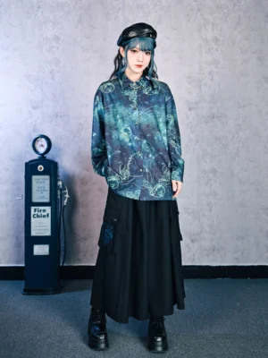Floating Electric Jellyfish Modern Hanfu long sleeve shirt front view with blue purple galaxy print and luminous jellyfish artwork