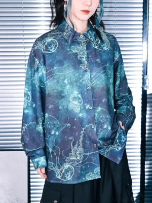 Close-up of Floating Electric Jellyfish Modern Hanfu shirt showing button front placket blue purple jellyfish print and relaxed collar