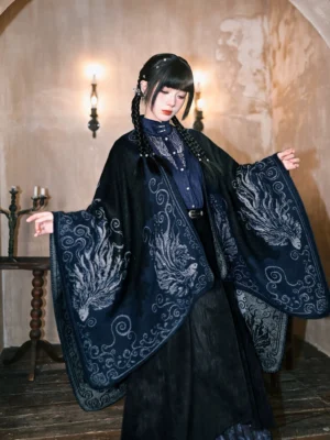 Floating Light Dream modern Hanfu black jacquard shawl with silver mythical fish and cloud pattern front three-quarter view