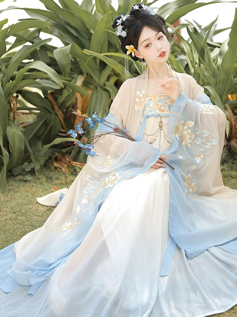 Floor length Tang Dynasty Hanfu dress with gradient skirt, floral embroidered bodice, flowing Heziqun silhouette, and traditional Chinese hair ornaments