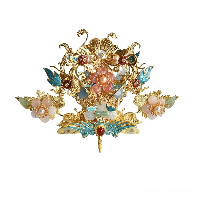 Front flat lay of ornate floral Hanfu hair crown with gold tone filigree blue enamel details and central pink flower