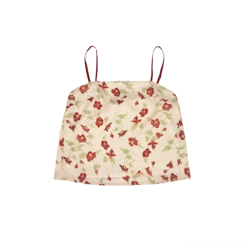 Flat lay display of floral Hanfu camisole with cream fabric, red flowers, green leaves, and deep-red shoulder straps