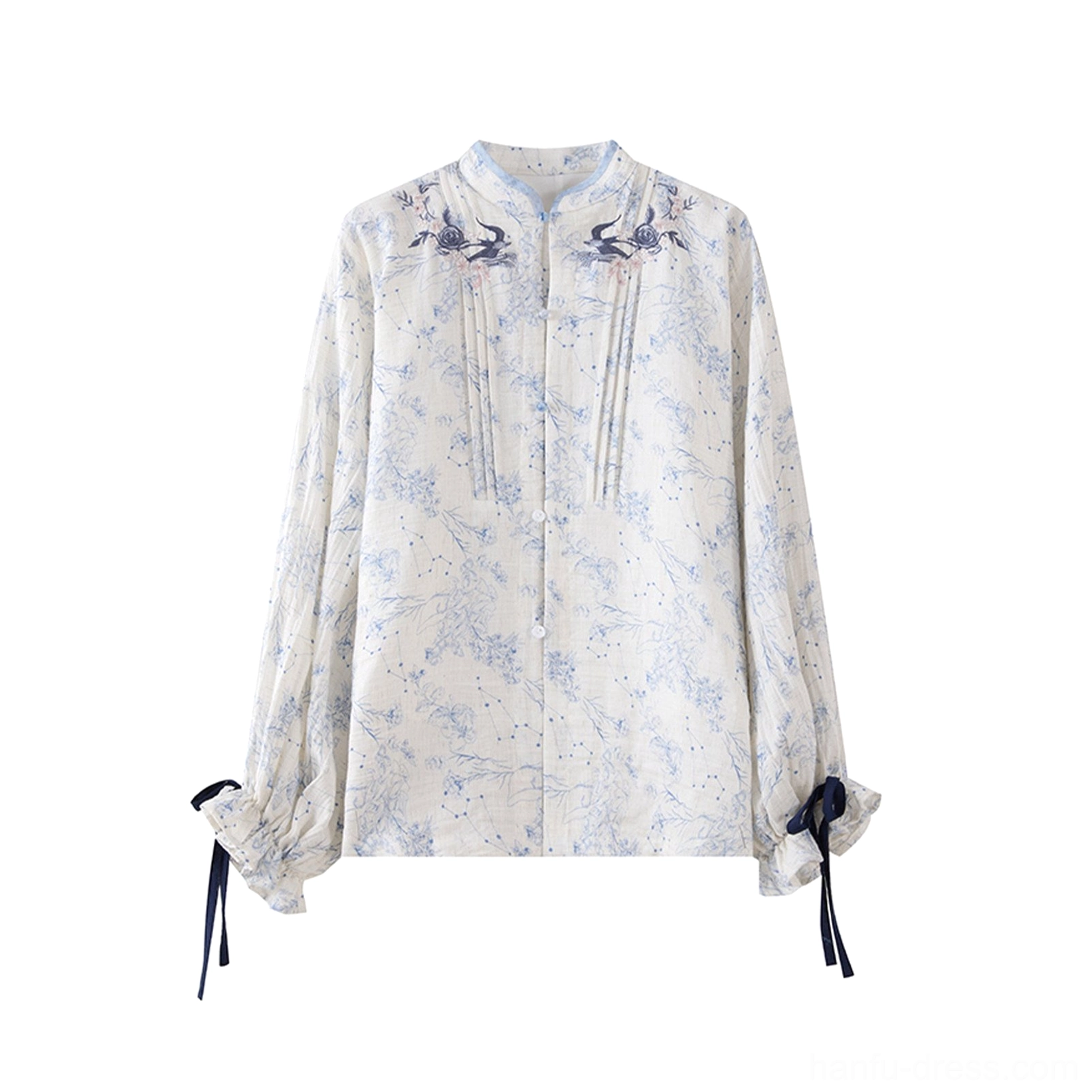Floral Mandarin collar blouse for modern Hanfu Lolita dress set with off-white fabric, blue print, ribbon cuffs, and embroidered collar