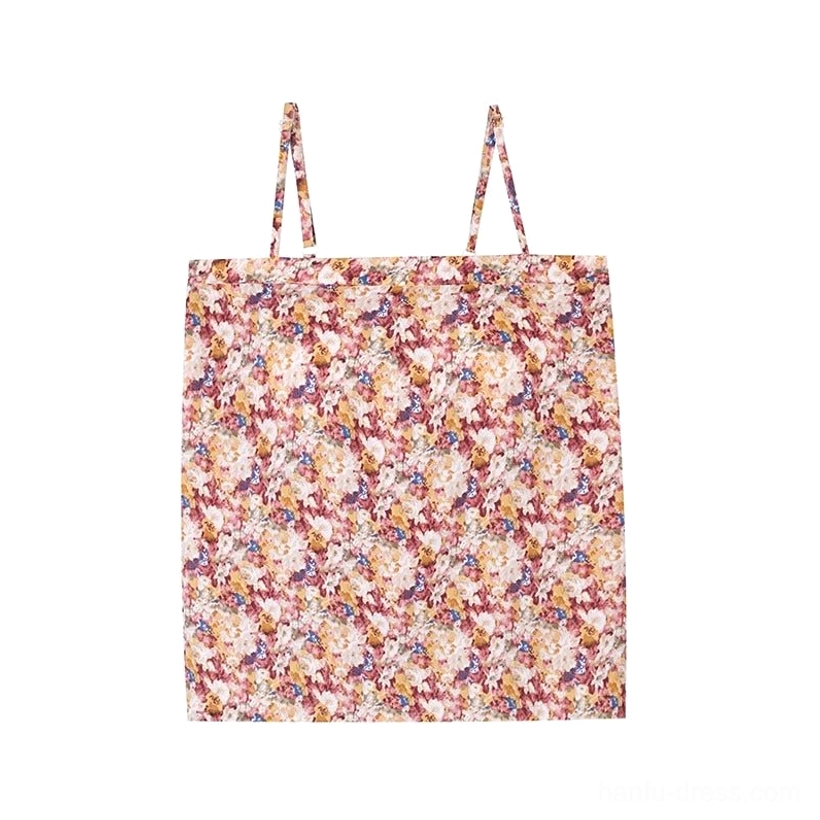 Flat lay view of the floral printed Hanfu camisole with warm-toned flowers, square neckline, adjustable spaghetti straps, and traditional styling