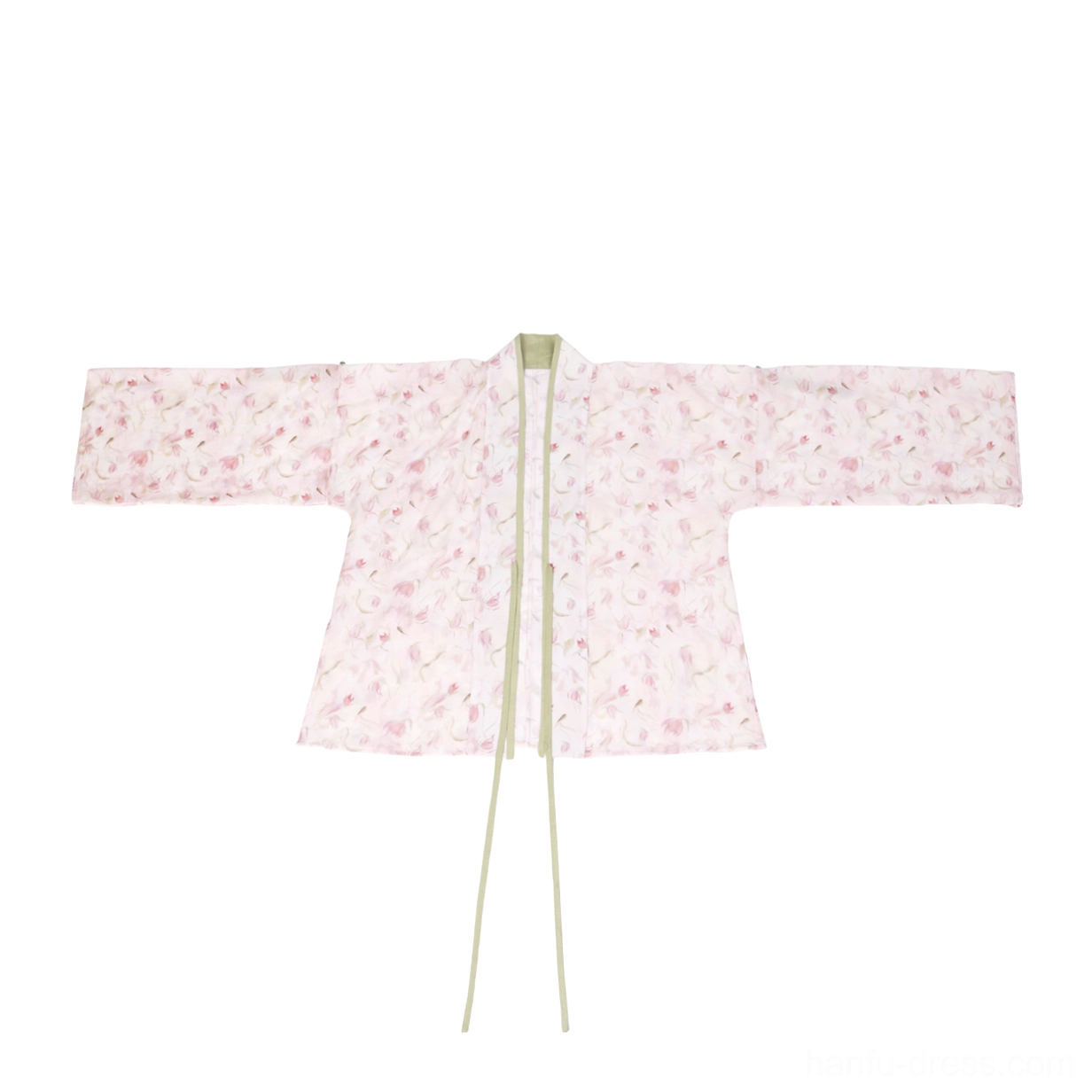 Floral Song Dynasty Hanfu cardigan with open front, green trim, long loose sleeves, and matching light green tie sash