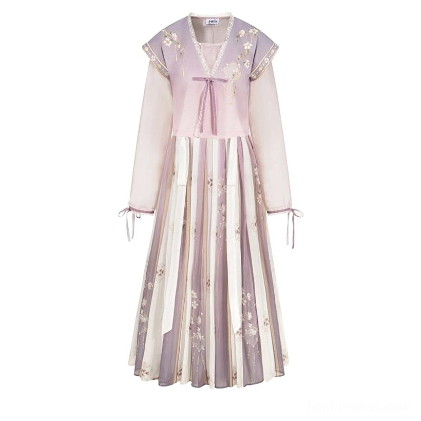 Flower Collector Tang Dynasty Hanfu complete set flat lay showing lavender embroidered beizi, tie-front blouse and floral pleated skirt
