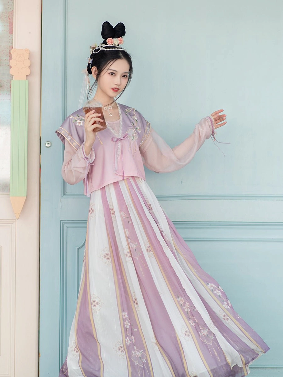 Side view of Flower Collector Tang Dynasty Hanfu qiyao ruqun set with flowing striped floral pleated skirt and cuff ties