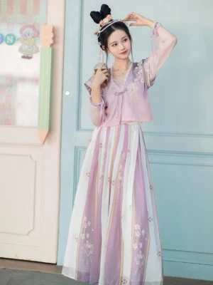 Flower Collector Tang Dynasty Hanfu set front view with lavender embroidered beizi vest, white blouse and floral qiyao ruqun skirt