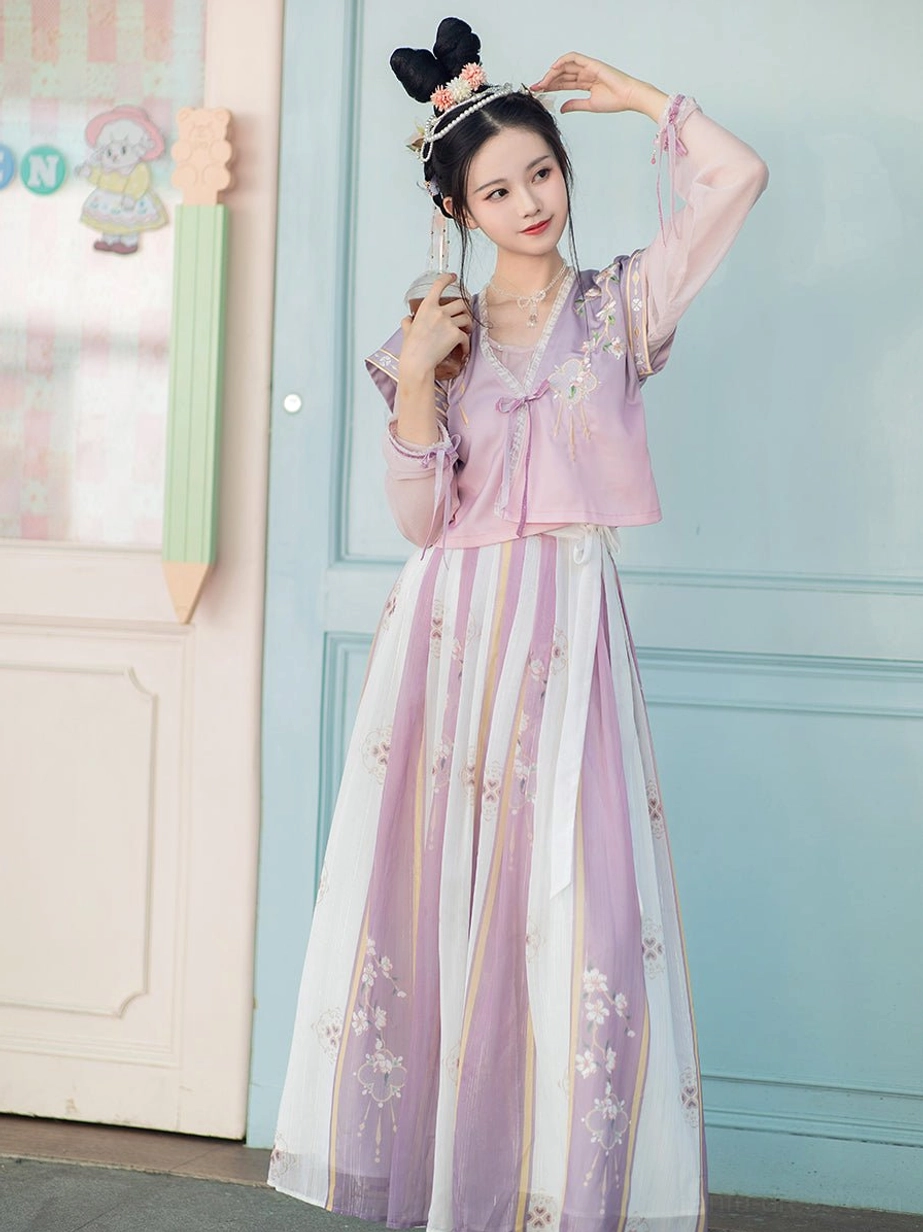 Flower Collector Tang Dynasty Hanfu set front view with lavender embroidered beizi vest, white blouse and floral qiyao ruqun skirt