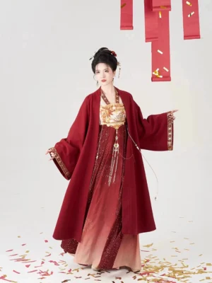 Flower Flames modern Tang Dynasty hanfu full set in red and pink gradient with golden embroidery and waist tassel pendants