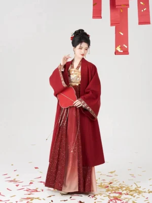 Flower Flames Tang-style hanfu dress set with red silk fan golden decorative skirt pattern and flowing layered silhouette