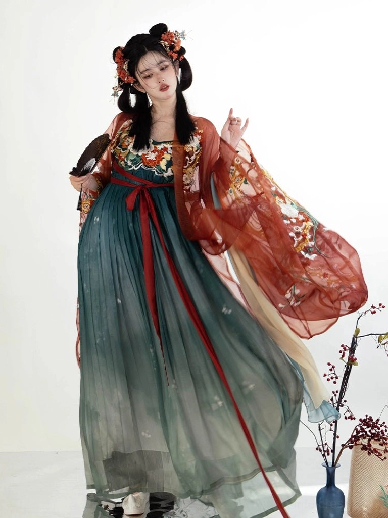 Flower God themed Tang Dynasty Hanfu Heziqun costume with rust red sheer coat, bird and flower embroidery, red ribbons, and gradient dark teal floor length skirt