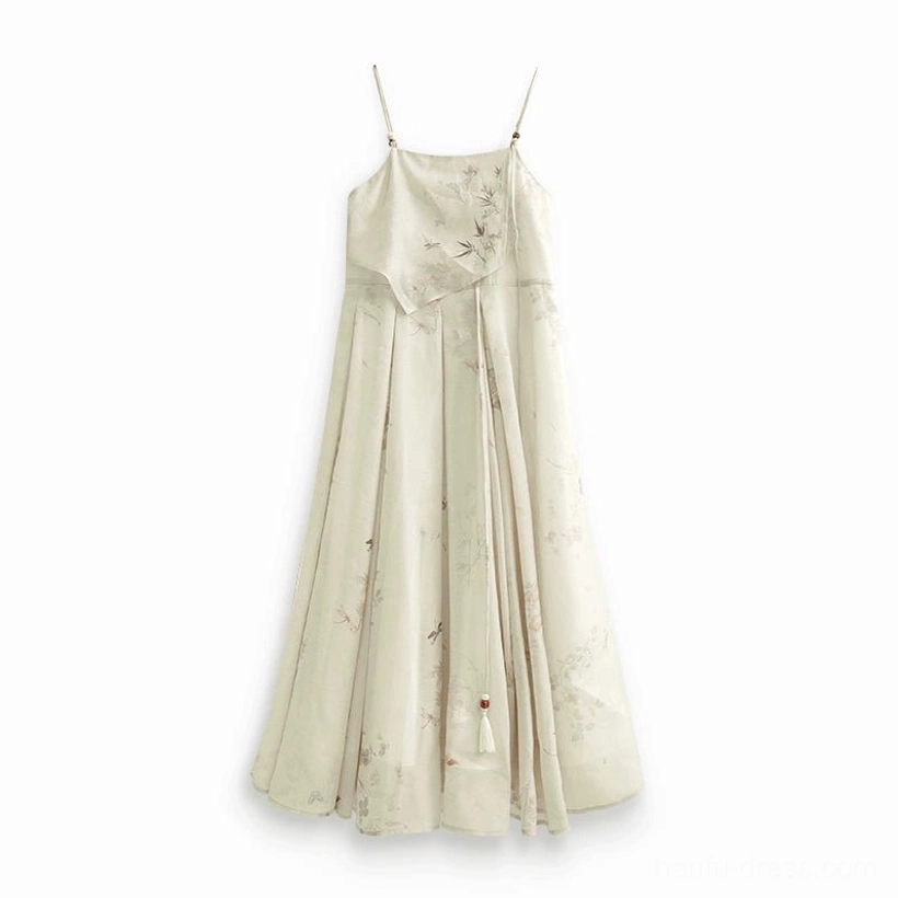 Flat lay of Flower Paper apricot beige printed Hanfu slip dress with spaghetti straps square neckline and A-line midi skirt