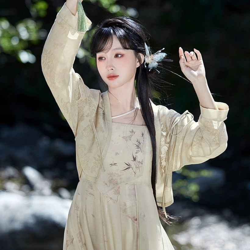 Flowing Flower Paper modern Hanfu complete set showing long sleeve cropped cardigan and square neck A-line dress