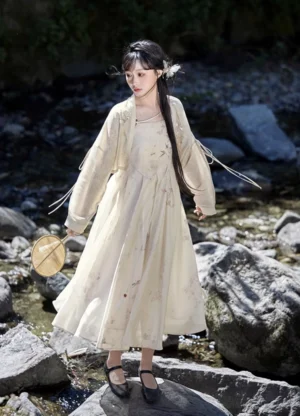 Side view of Flower Paper modern Tang Dynasty Hanfu dress set with matching printed cardigan and round silk fan