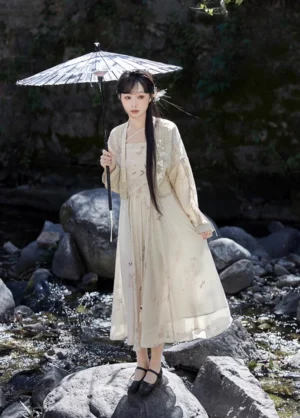 Flower Paper Tang Dynasty inspired modern Hanfu complete set with apricot botanical print dress and cropped cardigan by a mountain stream