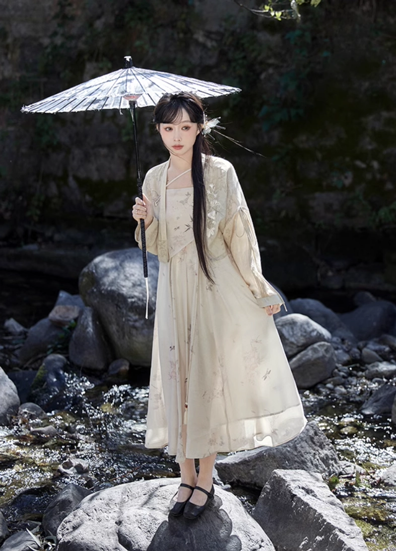 Flower Paper Tang Dynasty inspired modern Hanfu complete set with apricot botanical print dress and cropped cardigan by a mountain stream