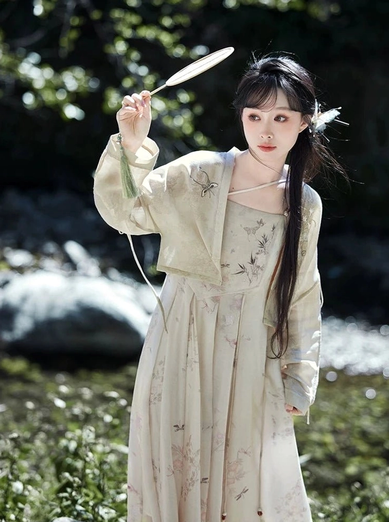 Close view of square neck floral bamboo print dress and cropped cardigan in Flower Paper Tang inspired Hanfu set