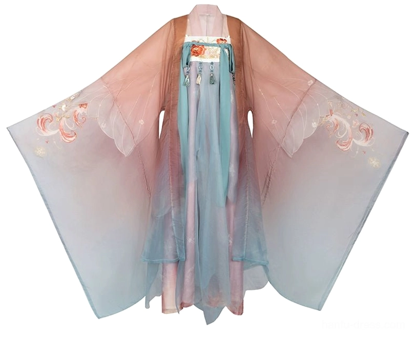 Flat lay of the Flower Shadow Hanfu wide sleeve coat and inner top with pink blue gradient fabric, floral sleeve embroidery, and matching chest trims