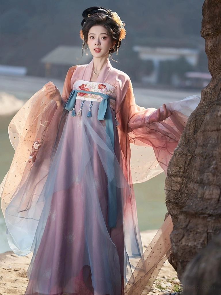 Side front view of Flower Shadow Qixiong Ruqun Hanfu showing sheer flowing sleeves, blue chest ribbons, and delicate Tang-inspired embroidery