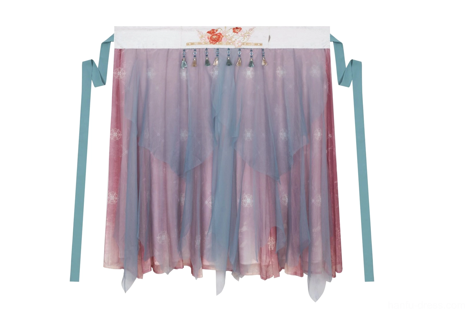 Front flat lay of the high-waisted Qixiong Ruqun wrap dress with purple blue sheer fabric, tiny floral prints, blue waist straps, and tassel pendants