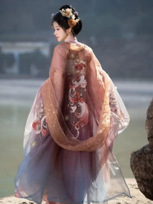 Back view of Flower Shadow Tang Dynasty Hanfu Qixiong Ruqun showing phoenix and peony embroidery on the flowing sheer gradient outer robe