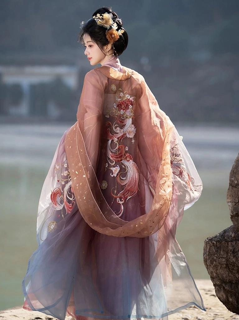 Back view of Flower Shadow Tang Dynasty Hanfu Qixiong Ruqun showing phoenix and peony embroidery on the flowing sheer gradient outer robe