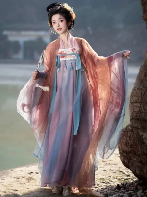 Front full view of a woman wearing Flower Shadow Tang Dynasty Hanfu Qixiong Ruqun with pink blue gradient fabric, wide sleeves, chest embroidery, and flowing traditional layers