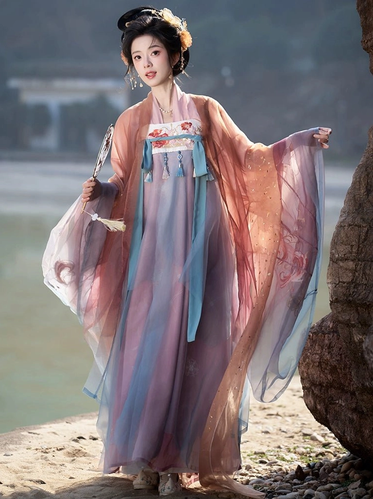 Front full view of a woman wearing Flower Shadow Tang Dynasty Hanfu Qixiong Ruqun with pink blue gradient fabric, wide sleeves, chest embroidery, and flowing traditional layers