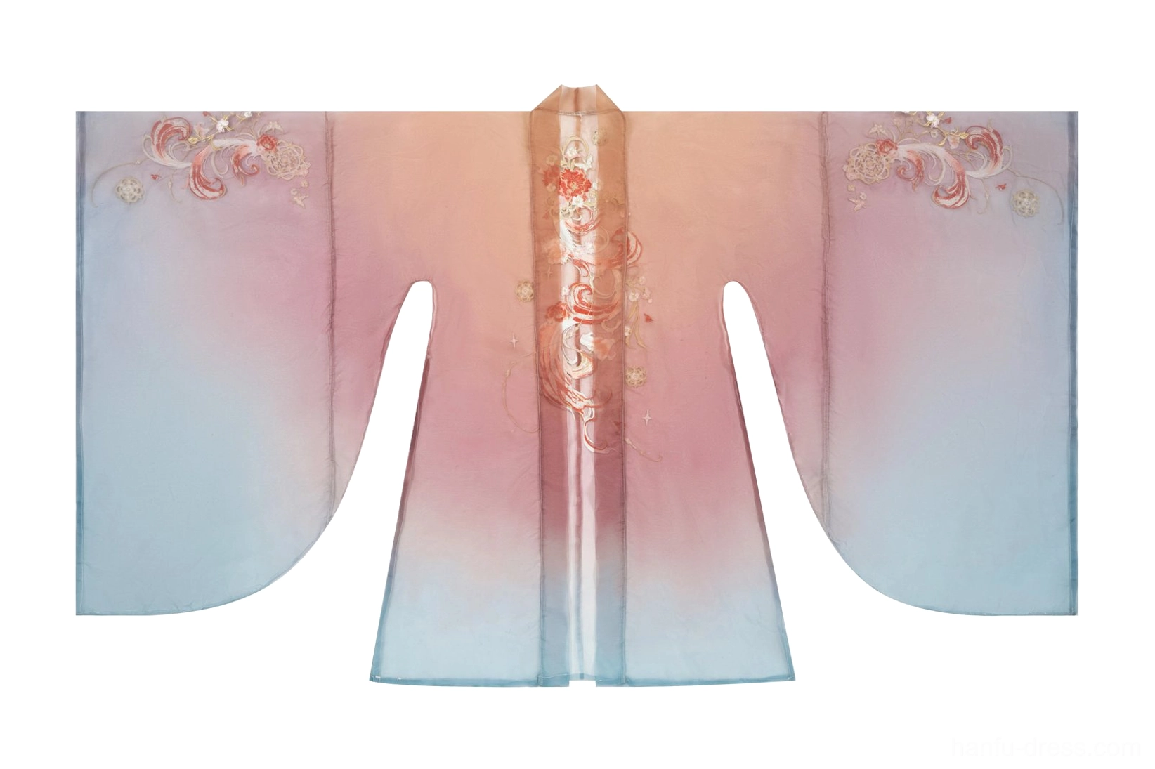 Back flat lay of the Tang Dynasty Hanfu wide sleeve outer coat showing pink to blue gradient fabric and embroidered floral cuffs