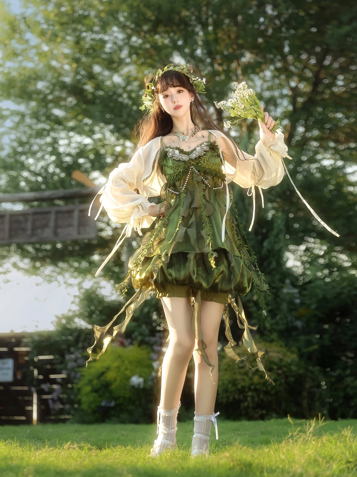 Full body forest green Modern Hanfu dress set with matching bubble shorts off white ruffled ankle socks floral crown and jewelry