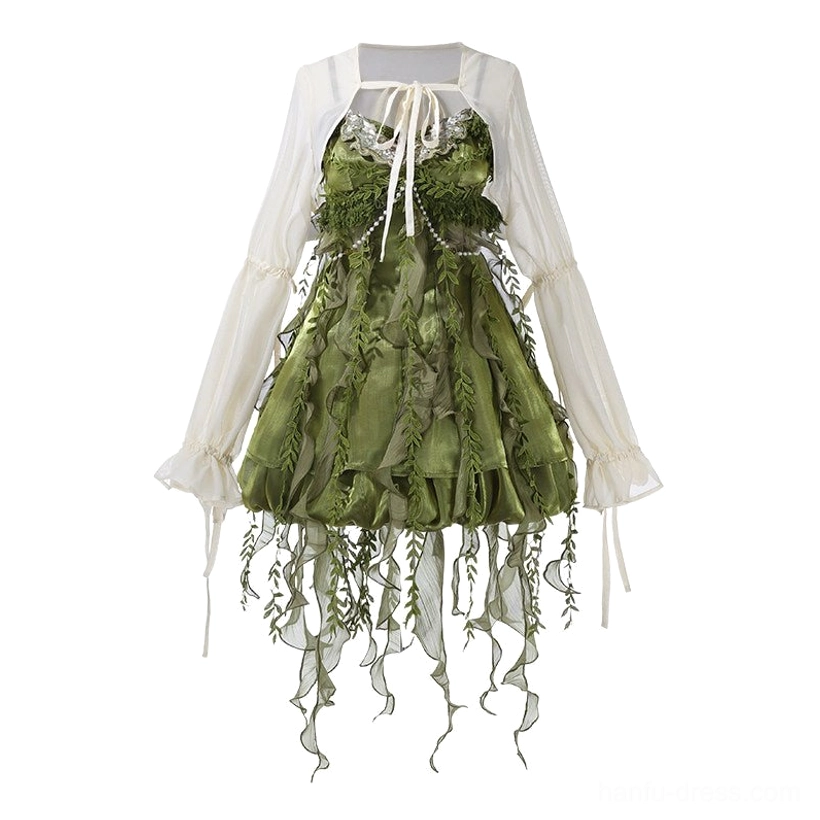 Flat lay display of complete forest green Modern Hanfu slip dress and off white sheer cardigan set with jeweled bodice lantern sleeves and tassel hem