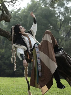 Foresta men’s Hanfu forest warrior outfit with faux fur vest and color-block wrap skirt in a woodland setting