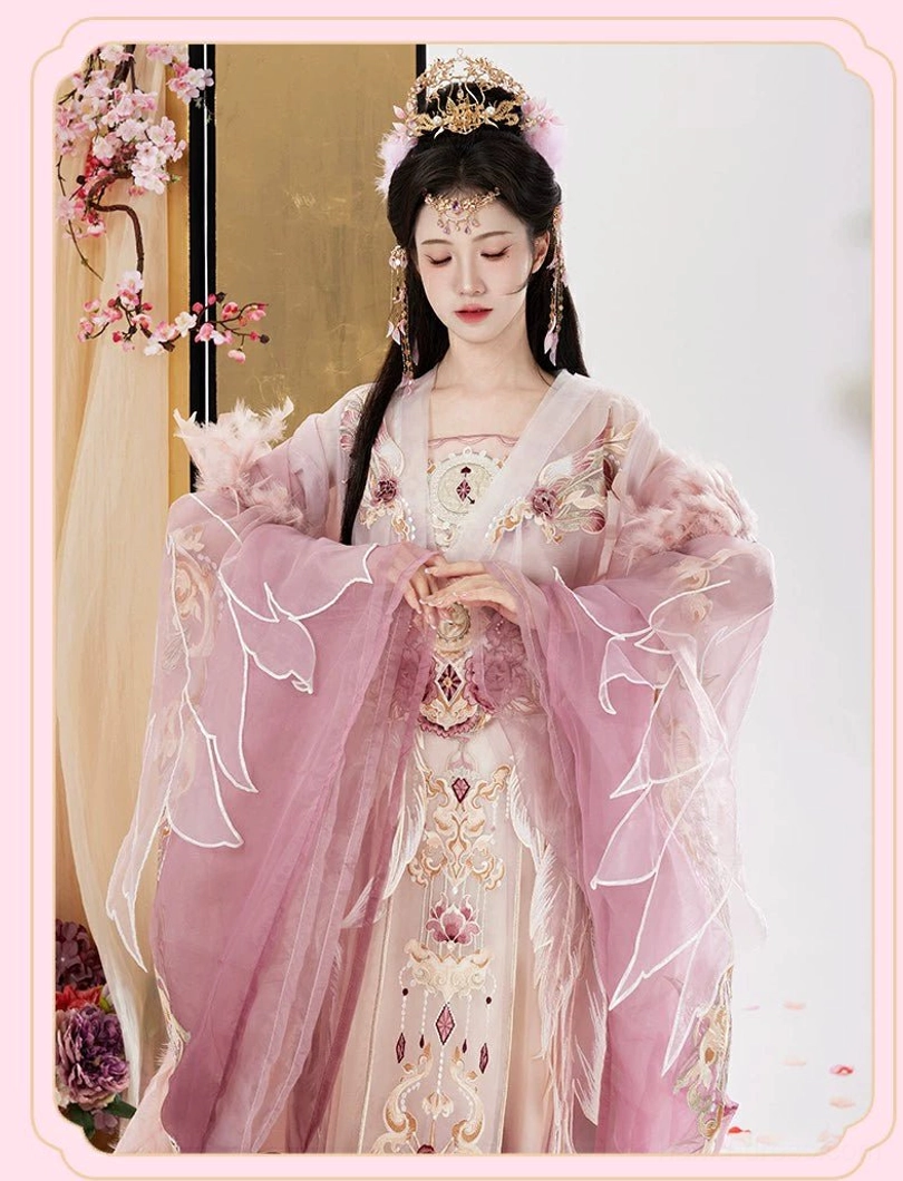 Formal front three-quarter display of a Wei Jin Dynasty Qiyao Ruqun Hanfu with embroidered bodice, wing-shaped sleeve embroidery, wide sleeves, and ornate skirt details