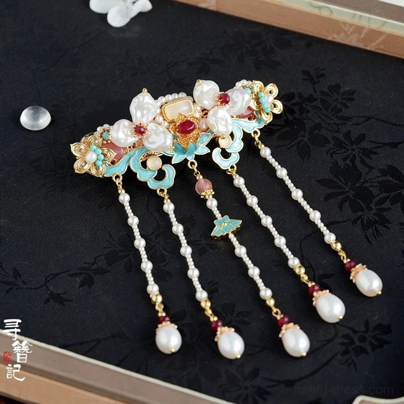 Fourth Hour blue enamel pearl tassel Hanfu back hair pin with red decorative stones and butterfly detail on dark floral fabric