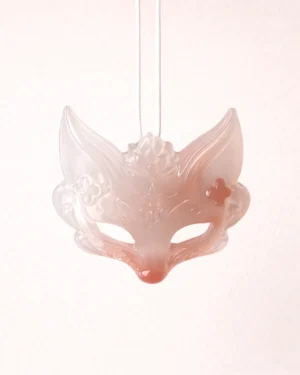 Close-up front view of translucent pink natural agate fox spirit mask pendant with delicate floral carving for handmade Chinese necklace