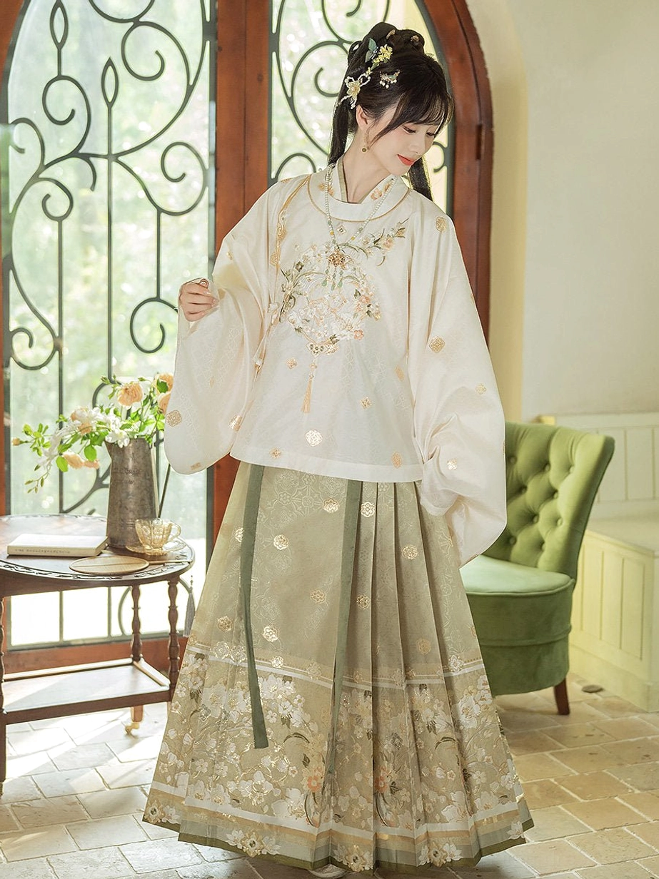 Fragrance in Hand Ming Dynasty Hanfu set shown from the side with embroidered round collar top and gilt patterned Mamian skirt