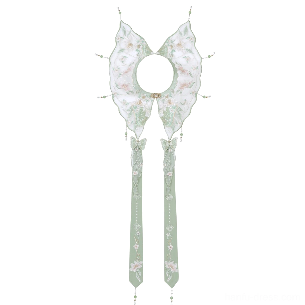 Flat lay of matching embroidered butterfly floral cloud collar accessory with green tassels for Frost Butterfly modern Hanfu outfit